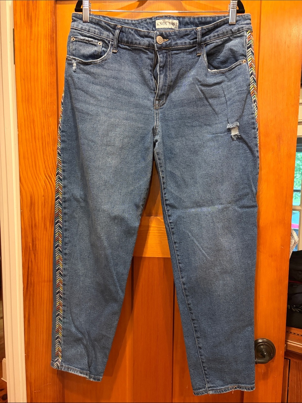 Knox Rose Blue Denim Boyfriend Jeans with Multicolor Chevron Side Trim